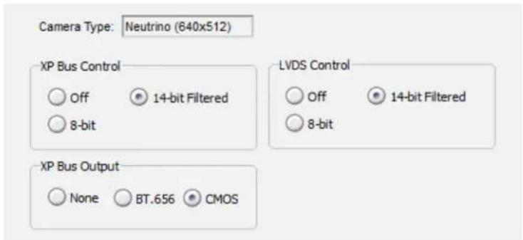 Camera Type: Neutrino (640x512) XP Bus Control Off 14-bit Filtered 8-bit LVDS Control Off 14-bit Filtered 8-bit XP Bus Output None BT.656 CMOS