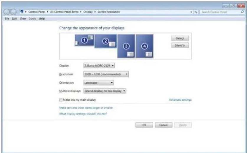 Control Panel > All Control Panel Items > Display > Screen Resolution File Edit View Tools Help Change the appearance of your displays Display: 2. Barco MDRC-2124 Resolution: 1920 = 1200 (recommended) Orientation: Landscape Multiple displays: Extend desktop to this display Make this my main display Advanced settings Make text and other items longer or smaller What display settings should I choose? OK Cancel Apply