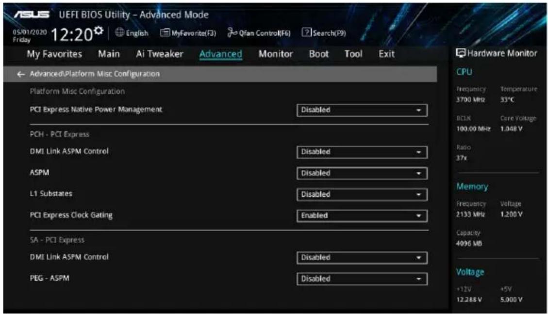 USI UEFI BIOS 实用程序 - 高级模式 2020年5月1日 12:20 英语 我的收藏(F3) Qfan控制(F6) 搜索(F9) 星期五 我的收藏 主菜单 AI超频 高级 监控 启动 工具 退出 高级平台杂项配置 平台杂项配置 PCIe原生电源管理 禁用 PCH - PCI Express DMI链接ASPM控制 禁用 ASPM 禁用 L1子状态 禁用 PCI Express时钟门控 启用 SA - PCI Express DMI链接ASPM控制 禁用 PEG - ASPM 禁用 硬件监控 CPU 频率 温度 3700 MHz 33°C BCLK 核心电压 100.00 MHz…