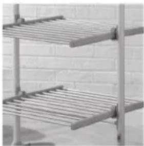 Two metal shelving units against a white brick wall background (no text or symbols visible)