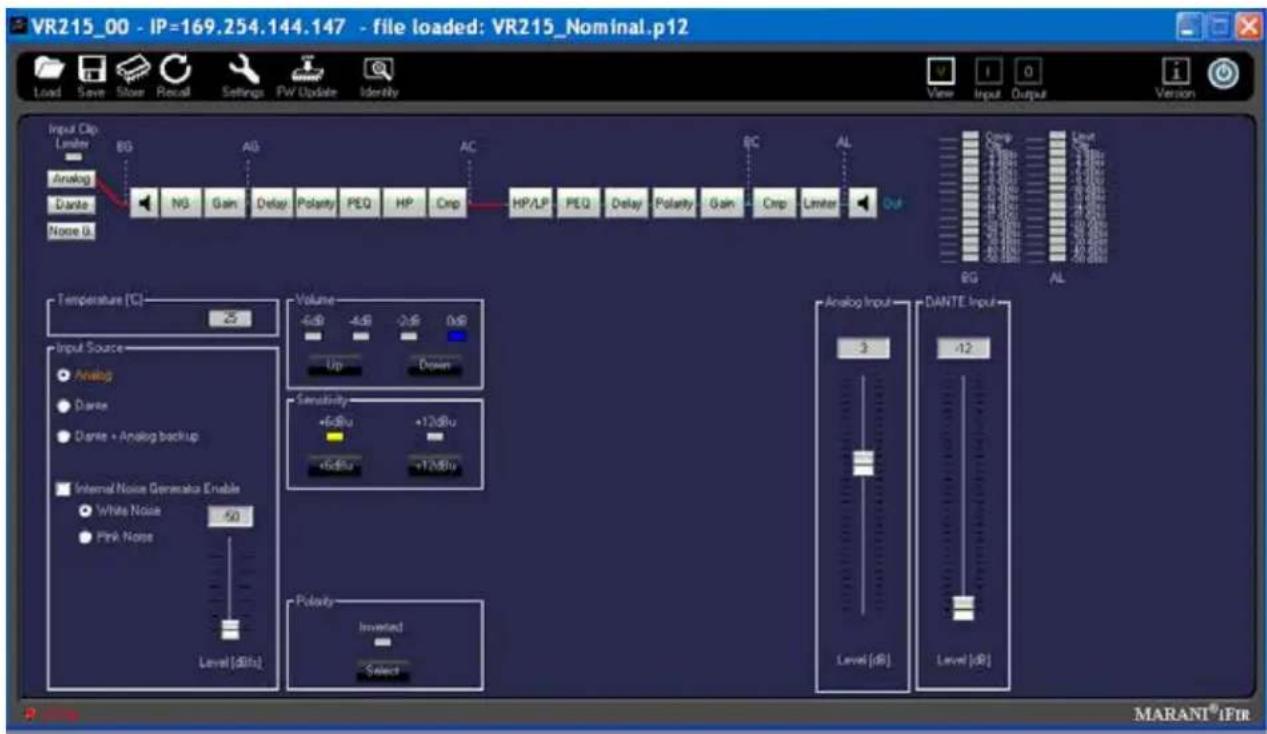 VR215_00 - IP=169.254.144.147 - file loaded: VR215_Nominal.p12 Load Save Store Recall Settings PW Update Identity Input Clip Limiter BG AG AC BC AL Analog Dante NG Gain Delay Polarity PEQ HP Crnp HP/LP PEQ Delay Polarity Gain Crnp Limiter OUT Noise 0 Temperature (C) 25 Input Source Analog Dante Dant…