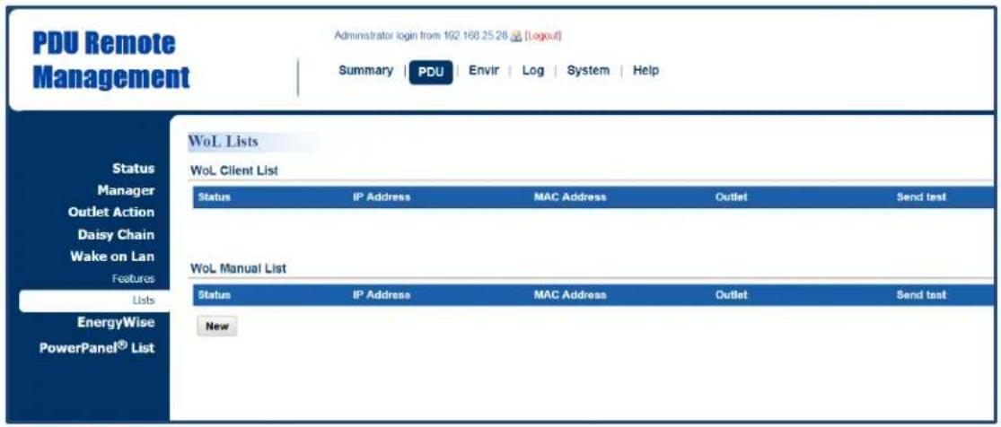 PDU Remote Management Administrator login from 192 168.25.26 [Logout] Summary | PDU | Envir | Log | System | Help WoL Lists Wol. Client List Status IP Address MAC Address Outlet Send test Wol. Manual List Status IP Address MAC Address Outlet Send test New Status IP Address MAC Address Outlet Send test EnergyWise PowerPanel® List