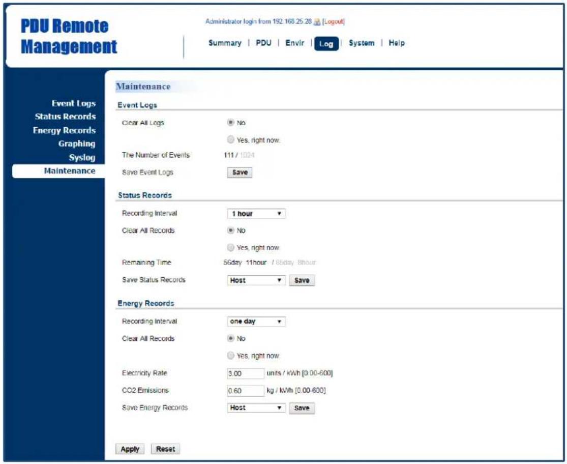 PDU Remote Management Administrator login from 192.168.25.28 [Logout] Summary | PDU | Envir | Log | System | Help Event Logs Status Records Energy Records Graphing Syslog Maintenance Maintenance Event Logs Clear All Logs No Yes, right now. The Number of Events 111 / 1024 Save Event Logs Save Status Records Recording Interval 1 hour Clear All Records No Yes, right now Remaining Time 56day 11hour / 85day 8hour Save Status Records Host Save Energy Records Recording Interval one day Clear All Records No Yes, right now Electricity Rate 3.00 units / kWh [0.00-600] CO2 Emissions 0.60 kg / kWh [0.00-600] Save Energy Records Host Save Apply Reset