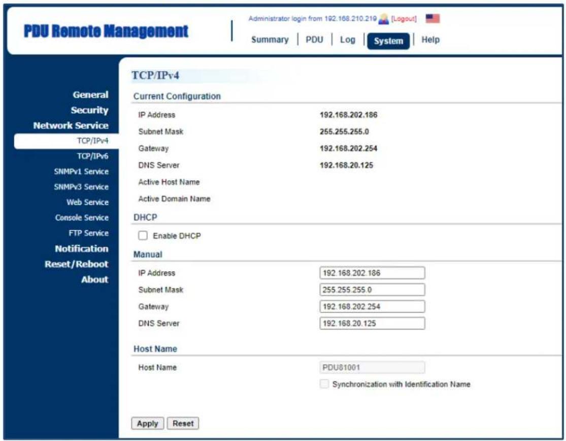 PDU Remote Management Administrator login from 192.168.210.219 [Logout] Summary | PDU | Log | System | Help TCP/IPv4 Current Configuration IP Address 192.168.202.186 Subnet Mask 255.255.255.0 Gateway 192.168.202.254 DNS Server 192.168.20.125 Active Host Name Active Domain Name DHCP Enable DHCP Manual IP Address 192.168.202.186 Subnet Mask 255.255.255.0 Gateway 192.168.202.254 DNS Server 192.168.20.125 Host Name Host Name PDU81001 Synchronization with Identification Name Apply Reset