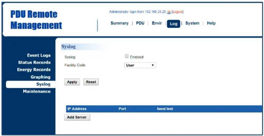 PDU Remote Management Administrator login from 192.168.25.28 (Logout) Summary | PDU | Envir | Log | System | Help Event Logs Status Records Energy Records Graphing Syslog Maintenance Syslog Syslog Enabled Facility Code User Apply Reset IP Address Port Send test Add Server