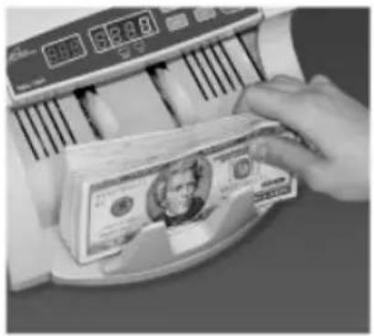 Black-and-white photo showing a hand counting US dollar bills using a digital timer and calculator, with visible serial numbers and the U.S. flag.