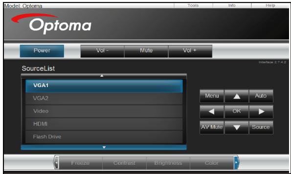 Model: Optoma Tools Info Help Optoma Power Vol - Mute Vol + SourceList VGA1 VGA2 Video HDMI Flash Drive Menu Auto OK AV Mute Source Freeze Contrast Brightness Color