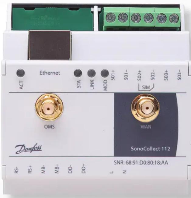 Ethernet ACT STA LINK MOD S01+ S01- S02+ S02- S03+ S03- SIM OMS WAN SonoCollect 112 RS- RS+ MB- MB+ DO- DO+ L N SNR: 68:91:D0:80:18:AA