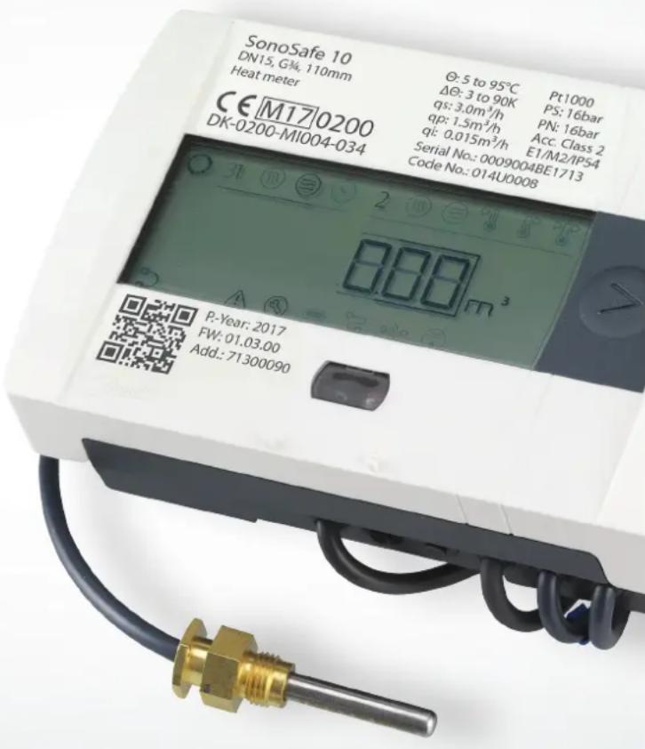 SonoSafe 10 DN15, G¾, 110mm Heat meter CE M170200 DK-0200-MI004-034 Ø: 5 to 95°C ΔØ: 3 to 90K qs: 3.0m³/h qp: 1.5m³/h qi: 0.015m³/h Serial No.: 0009004BE1713 Code No.: 014U0008 Pt1000 PS: 16bar PN: 16bar Acc. Class 2 E1/M2/IP54 P-Year: 2017 FW: 01.03.00 Add.: 71300090