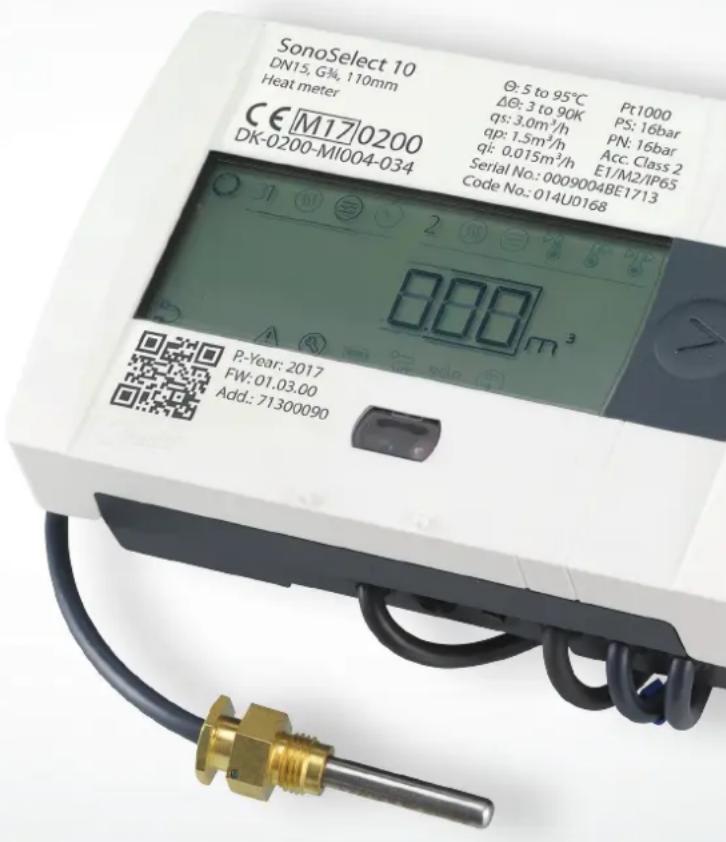 SonoSelect 10 DN15, G34, 110mm Heat meter CE M170200 DK-0200-MI004-034 Ø: 5 to 95°C ΔØ: 3 to 90K qs: 3.0m³/h qp: 1.5m³/h qi: 0.015m³/h Serial No.: 0009004BE1713 Code No.: 014U0168 Pt1000 PS: 16bar PN: 16bar Acc. Class 2 E1/M2/JP65 P-Year: 2017 FW: 01.03.00 Add.: 71300090