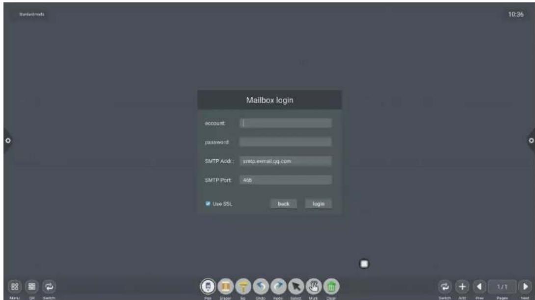 Mailbox login account password SMTP Addr: smtp.email.qq.com SMTP Port: 468 Use SSL back login 10:36 Menu QF Switch Pop Export Sq Undo Info Select Mult Chat Switch Add View Pages Next