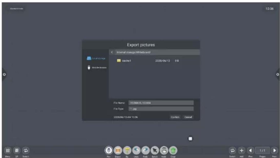 Export pictures Internal storage/Whiteboard/ cache1 2020/06/13 0.0 File Name: 20200618.103404 File Type: JPEG 2020/06/15 AM 10:34 Confirm Cancel Menu OFF Switch Pan Browser By Tools Help Select Multi Clear Switch Add Pres Pages Print