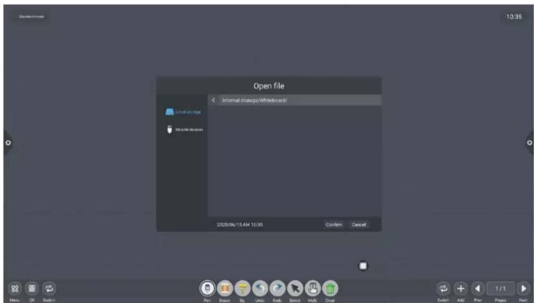 Open file Internal storage/Whiteboard/ Local storage Mobile devices 2020/06/15 AM 10:35 Custom Cancel Menu OK Switch Pan Browser By Audio Roll Quick Help Clear Switch Add Plan Pages Next