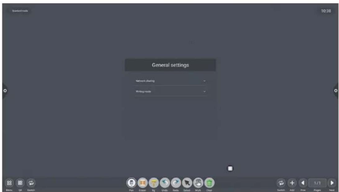 Standard mode 10:38 General settings Network starting Writing mode Menu Edit Custom Pan Graper Rig Undo Table Select Mult Clear Switch Add New Pages Next