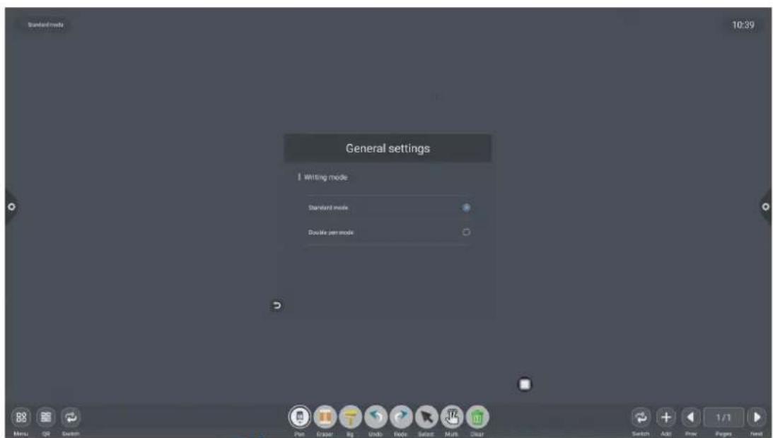 Standard mode 10:39 General settings Writing mode Standard mode Double jerr mode Menu Edit View Pages Print Plan Copy Rig Undo Mode Select Mult Clear Switch Add New Pages Next