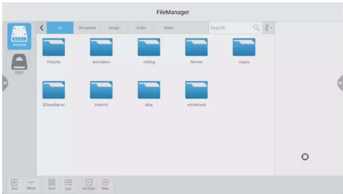 FileManager All Document Image Audio Video Search Pictures annotation mtklog Movies sogou EShareServer Android dina whiteboard Exit More Icon List MultiSe New