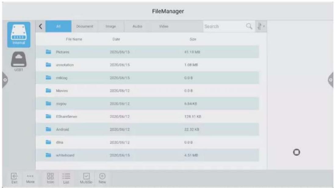 FileManager All Document Image Audio Video Search File Name Date Size Pictures 2020/06/15 41.19 MB annotation 2020/06/15 1.08 MB mklog 2020/06/15 0.0 B Movies 2020/06/12 0.0 B sogou 2020/06/12 6.84 KB EShareServer 2020/06/12 128.91 KB Android 2020/06/12 32.32 KB dina 2020/06/12 0.0 B whiteboard 2020/06/15 4.51 MB