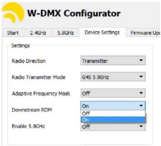W-DMX Configurator Start 2.4GHz 5.8GHz Device Settings Firmware Up Settings Radio Direction Transmitter Radio Transmitter Mode G4S 5.8GHz Adaptive Frequency Mask Off Downstream RDM On On Off On Enable 5.8GHz Off