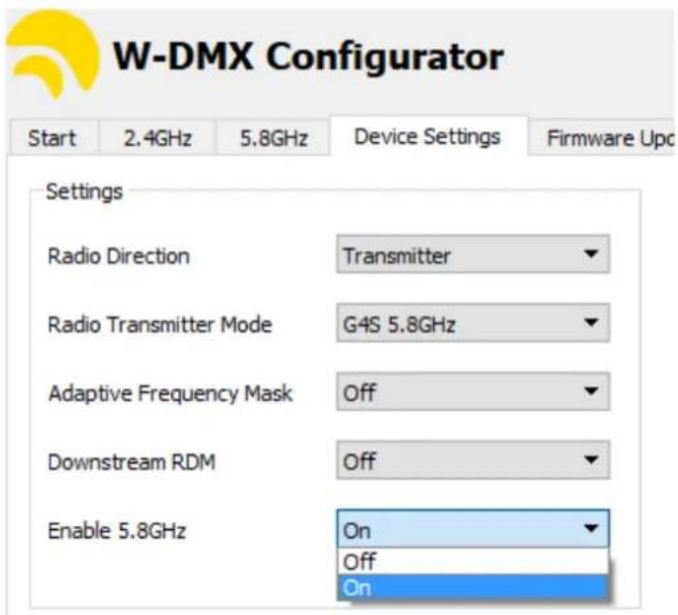 W-DMX Configurator Start 2.4GHz 5.8GHz Device Settings Firmware Upc Settings Radio Direction Transmitter Radio Transmitter Mode G4S 5.8GHz Adaptive Frequency Mask Off Downstream RDM Off Enable 5.8GHz On Off On
