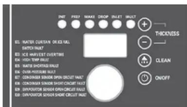 INIT FREE MAKE DROP INLET FAULT THICKNESS - CLEAN ON/OFF 01: WATER CURRENT OR ICE UBL SWITCH FAULT 02: ICE HARVEST OVERTIME 03: HIGH TEMP FAULT 04: WATER SHORTAGE FAULT 05: OVER-PISSURE FAULT 06: CONSIDER SENSIDE OPEN CIRCUIT FAULT 07: CONSTRUCTION SENSIDE SHORT CIRCUIT FAULT 08: SURVATION SENSIDE O…