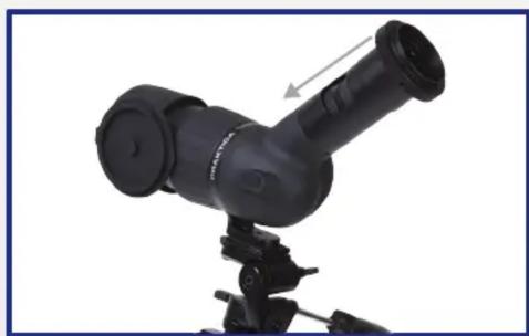 Close-up of a black telescope on a tripod, showing the lens and propeller (no text or symbols visible)