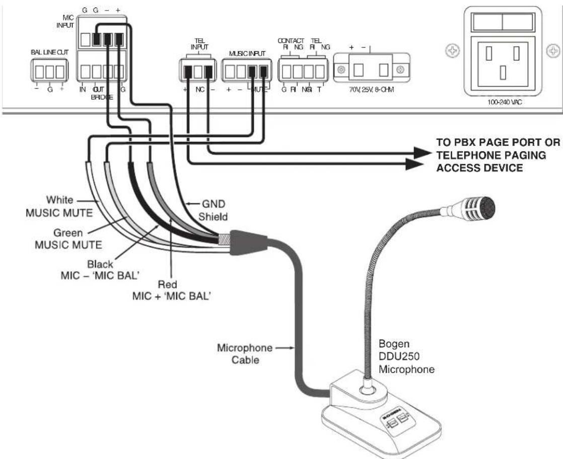MIC INPUT BAL LINE CUT G G - + IN OUT BRIDGE TEL INPUT + NC - MUSIC INPUT CONTACT R NG T 70V 25V 8-CHM 100-240 VAC TO PBX PAGE PORT OR TELEPHONE PAGING ACCESS DEVICE White MUSIC MUTE Green MUSIC MUTE Black MIC - 'MIC BAL' Red MIC + 'MIC BAL' GND Shield Microphone Cable Bogen DDU250 Microphone