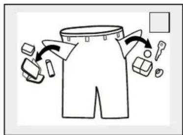 Diagram illustrating clothing item selection with arrows indicating movement from shorts to accessories and parts