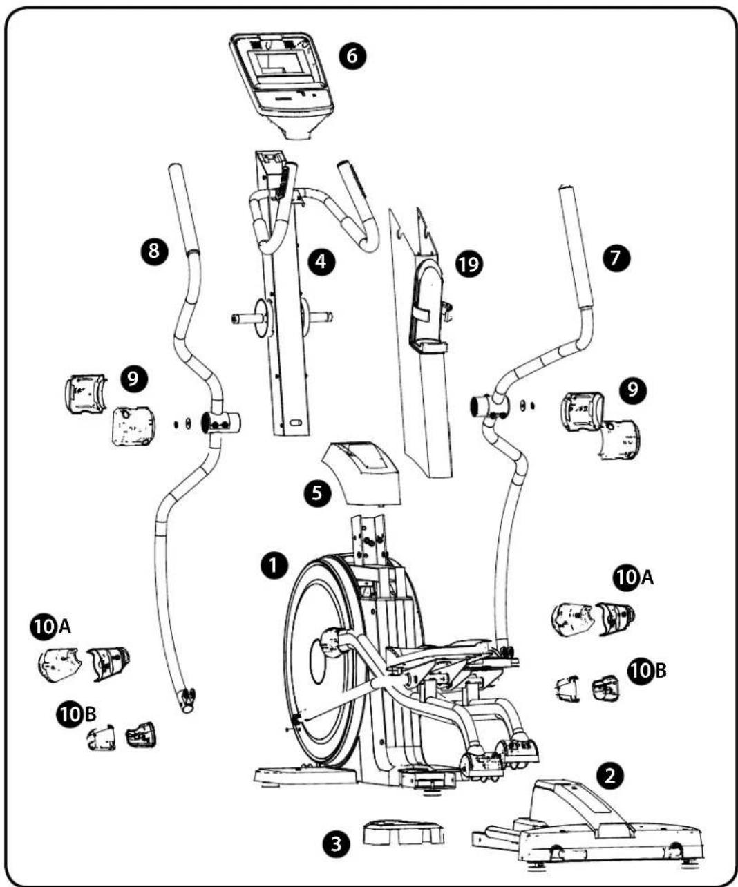 Technical diagram of a stationary exercise machine with numbered components and labeled parts