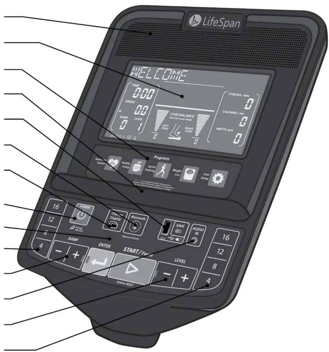 LifeSpan WELCOME TIME 0:00 SPEED M RAMP LEVEL 0 0 STRIDES / MIN CALORIES / HR WATTS AVG CORE BALANCE Foot Range per Panel LEFT FOOT RIGHT FOOT 31:00:15 02:5 Programs Healthy Living Sports Training Weight Loss User Setup 16 POWER 12 Cham++ Display Bluetooth (Optimal Feature) SAVE AUDIO IN 16 12 8 4 RAMP ENTER START/Pause LEVEL Hold to RESET 4