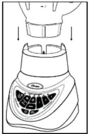 Diagram of a blender with labeled ports and control buttons, showing internal structure and downward arrows indicating process flow.