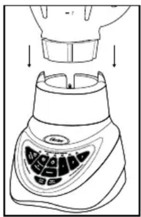 Diagram of a blender with labeled buttons and control panel, showing a top-down view of the lid and base.