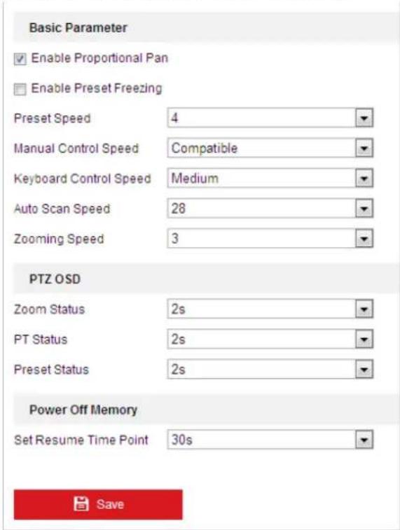 Basic Parameter Enable Proportional Pan Enable Preset Freezing Preset Speed 4 Manual Control Speed Compatible Keyboard Control Speed Medium Auto Scan Speed 28 Zooming Speed 3 PTZ OSD Zoom Status 2s PT Status 2s Preset Status 2s Power Off Memory Set Resume Time Point 30s Save