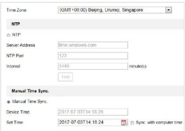 Time Zone (GMT+08:00) Beijing, Urumqi, Singapore NTP ○ NTP Server Address time.windows.com NTP Port 123 Interval 1440 minute(s) Test Manual Time Sync. ● Manual Time Sync. Device Time 2017-07-03T14:18:26 Set Time 2017-07-03T14:18:24 Sync. with computer time
