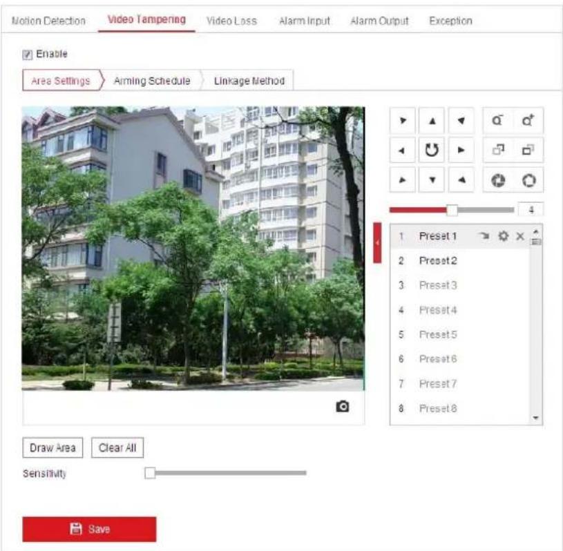 Motion Detection Video Tampering Video Loss Alarm Input Alarm Output Exception Enable Area Settings Airming Schedule Linkage Method 1 Preset 1 2 Preset 2 3 Preset 3 4 Preset 4 5 Preset 5 6 Preset 6 7 Preset 7 8 Preset 8 Draw Area Clear All Sensitivity Save