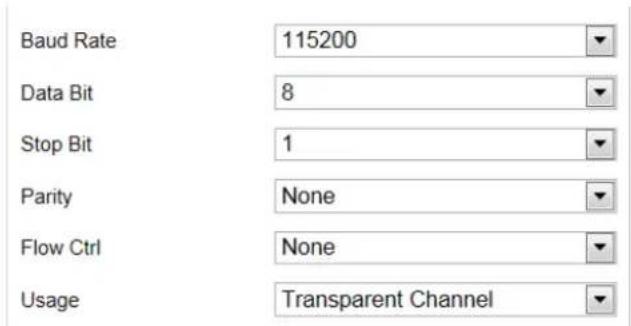 Baud Rate 115200 Data Bit 8 Stop Bit 1 Parity None Flow Ctrl None Usage Transparent Channel