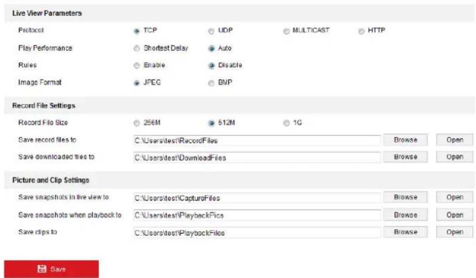 Live View Parameters Protocol TCP UDP MULTICAST HTTP Play Performance Shortest Delay Auto Rules Enable Disable Image Format JPEG BMP Record File Settings Record File Size 256M 512M 1G Save record files to C:\Users\test\RecordFiles Browse Open Save downloaded files to C:\Users\test\DownloadFiles Browse Open Picture and Clip Settings Save snapshots in live view to C:\Users\test\CaptureFiles Browse Open Save snapshots when playback to C:\Users\test\PlaybackFips Browse Open Save clips to C:\Users\test\PlaybackFiles Browse Open Save