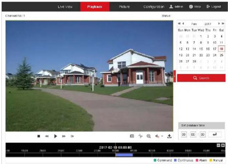 Live View Playback Picture Configuration admin Help Logout Channel No:1 Status: Feb 2017 Sun Mon Tue Wed Thu Fri Sat 25 30 31 1 2 3 4 5 6 7 8 9 10 11 12 13 14 15 16 17 18 18 20 21 22 23 24 25 26 27 28 29 3 3 4 5 6 7 8 9 10 11 Search Set playback time 00 00 : 00 Command Continuous Alarm Manual 2017-02-18 00:00:00