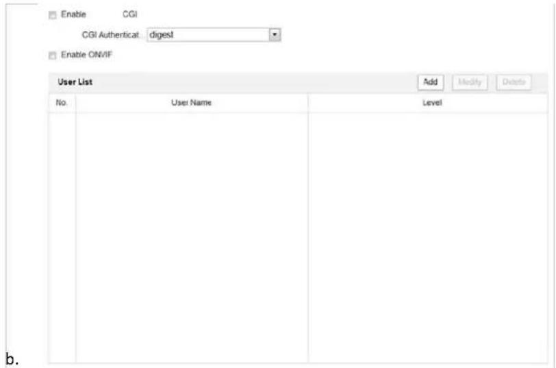 Enable CGI CGI Authenticat digesl Enable ONVIF User List Add Modify Delete No User Name Level b.