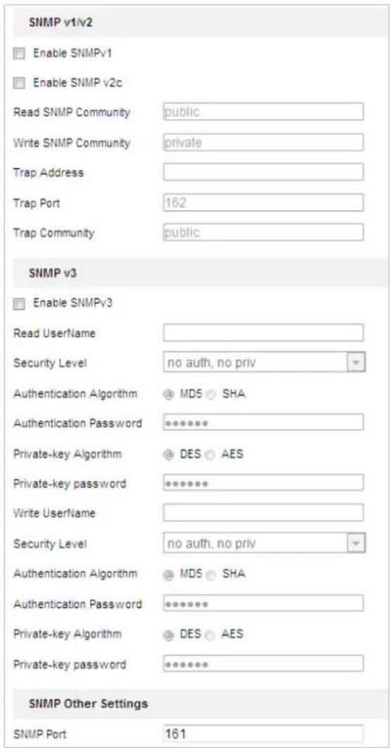 SNMP v1/v2 Enable SNMPv1 Enable SNMP v2c Read SNMP Community public Write SNMP Community private Trap Address Trap Port 162 Trap Community public SNMP v3 Enable SNMPv3 Read UserName Security Level no auth, no priv Authentication Algorithm MDS SHA Authentication Password ****** Private-key Algorithm DES AES Private-key password ****** Write UserName Security Level no auth, no priv Authentication Algorithm MDS SHA Authentication Password ****** Private-key Algorithm DES AES Private-key password ****** SNMP Other Settings SNMP Port 161