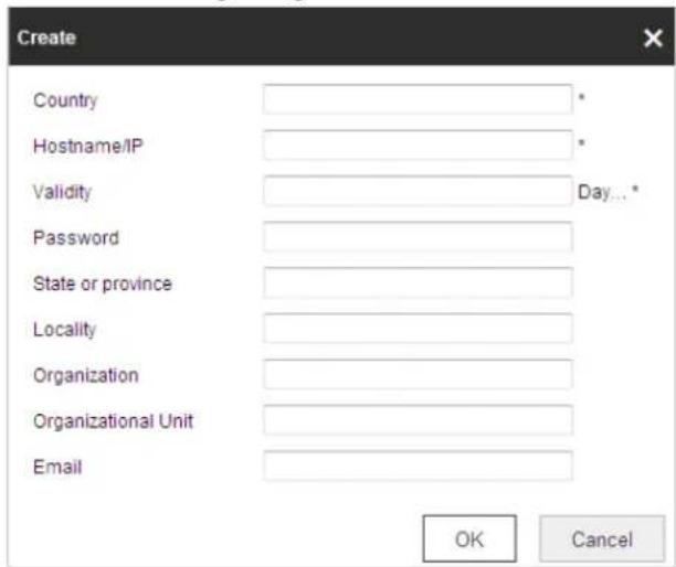 Create Country Hostname/IP Validity Password State or province Locality Organization Organizational Unit Email OK Cancel