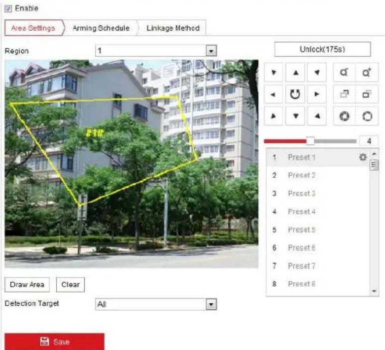 Enable Area Settings Arming Schedule Linkage Method Region 1 Unlock(175s) Draw Area Clear Detection Target All Save