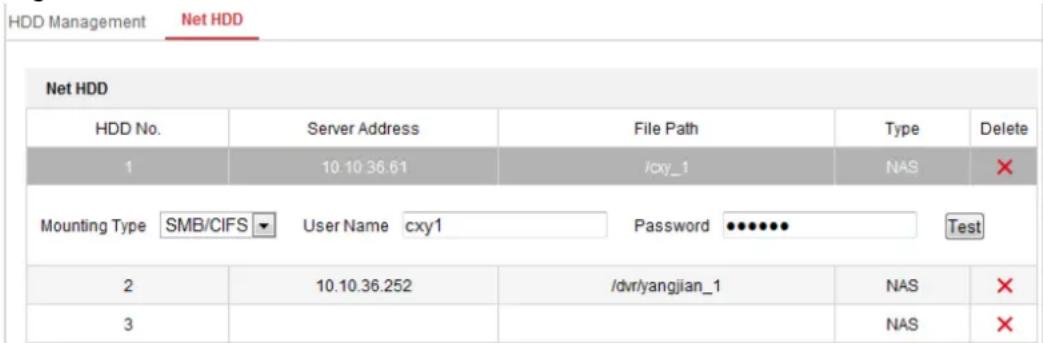 HDD Management Net HDD Net HDD HDD No. Server Address File Path Type Delete 1 10.10.36.61 /cxy_1 NAS ✗ Mounting Type SMB/CIFS User Name cxy1 Password •••••• Test 2 10.10.36.252 /dvr/yangjian_1 NAS ✗ 3 NAS ✗