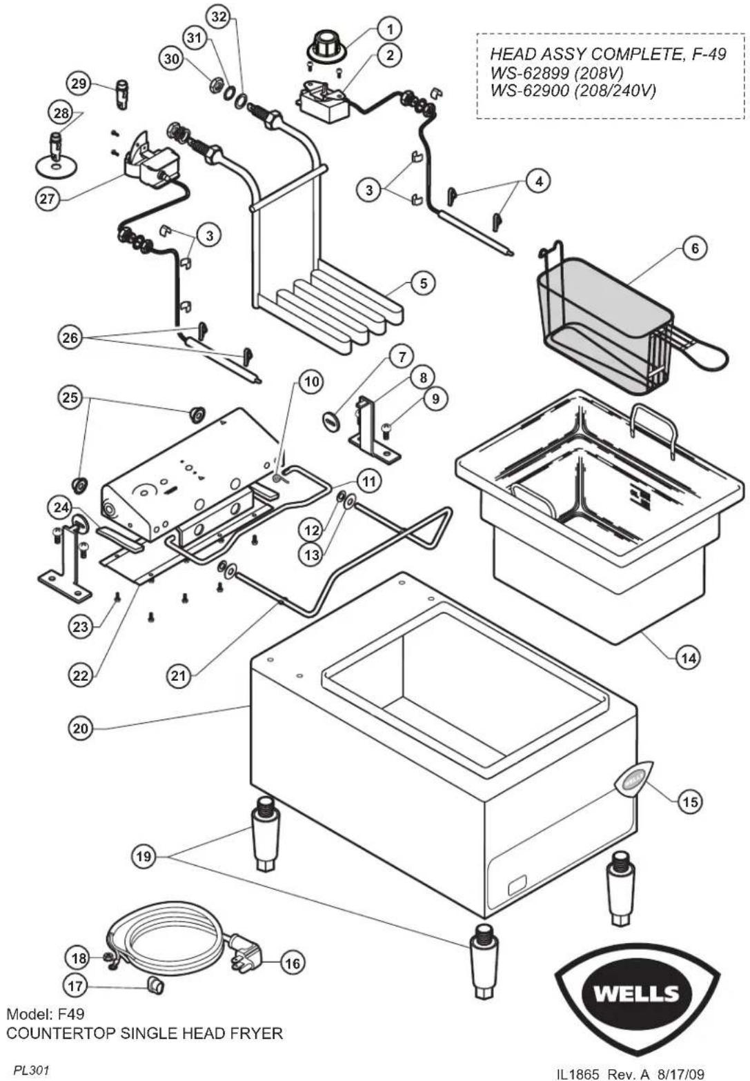 HEAD ASSY COMPLETE, F-49 WS-62899 (208V) WS-62900 (208/240V) Model: F49 COUNTERTOP SINGLE HEAD FRYER PL301 IL1865 Rev. A 8/17/09