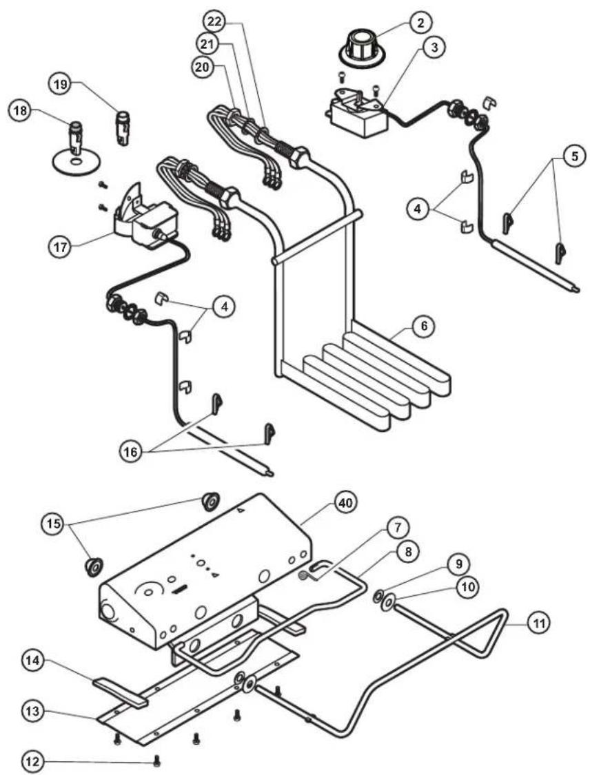 Exploded view diagram of a device with numbered parts for identification and assembly reference.