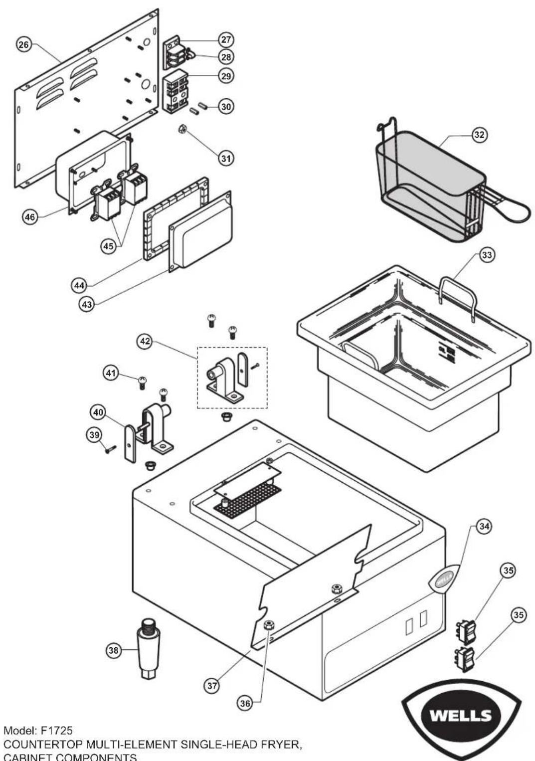26 27 28 29 30 31 46 45 44 43 42 41 40 39 38 37 36 35 35 34 33 32 WELLS Model: F1725 COUNTERTOP MULTI-ELEMENT SINGLE-HEAD FRYER, CABINET COMPONENTS