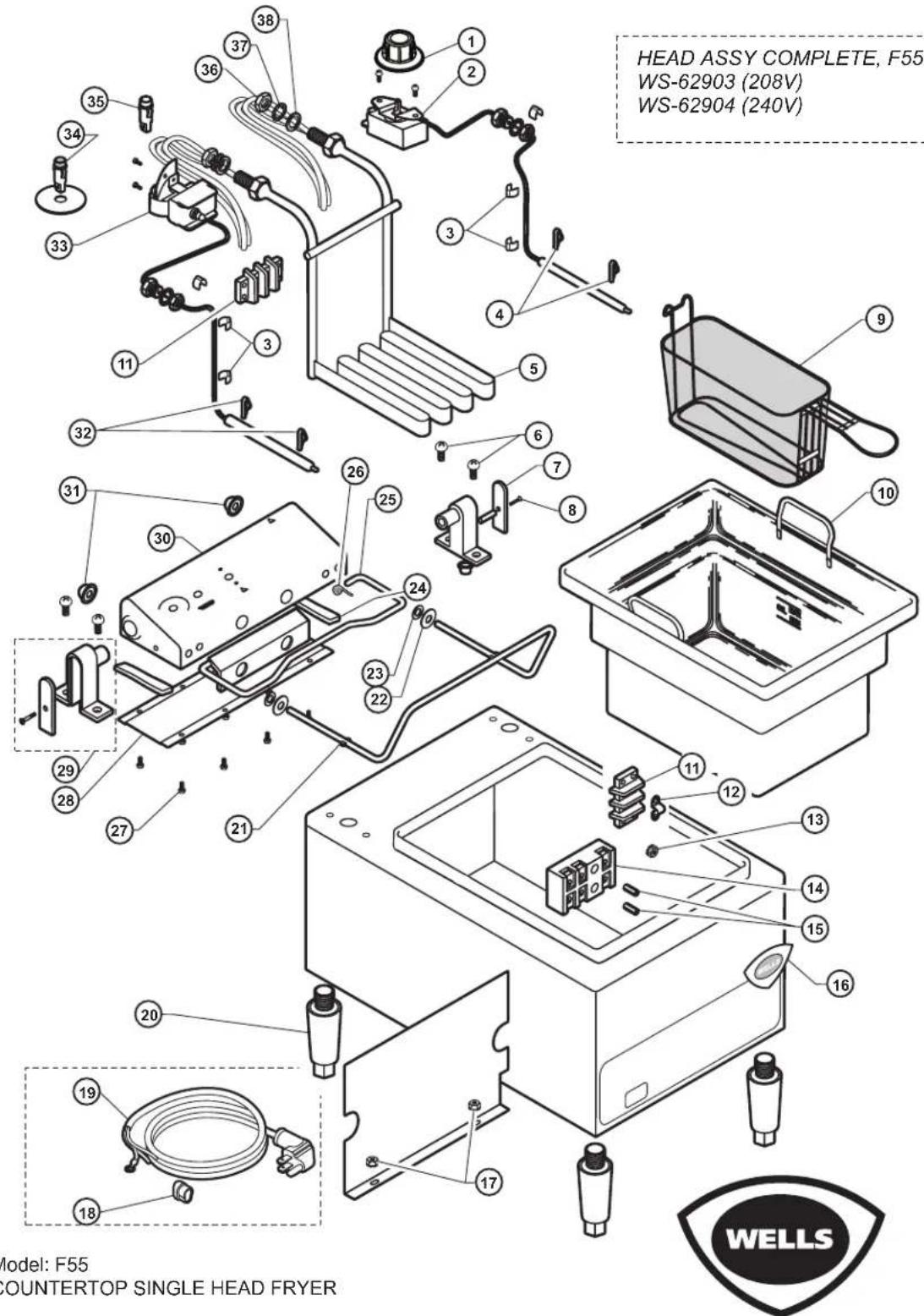 HEAD ASSY COMPLETE, F55 WS-62903 (208V) WS-62904 (240V) Model: F55 COUNTERTOP SINGLE HEAD FRYER