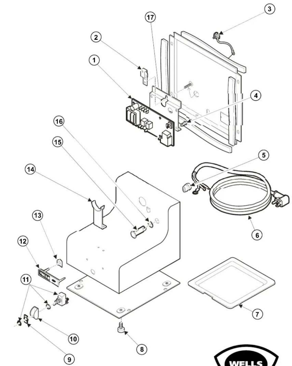 Exploded view diagram of a medical device with numbered parts and labeled features like a monitor, cable, and wall.