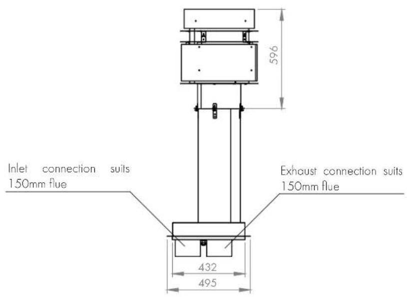 Inlet connection suits 150mm flue Exhaust connection suits 150mm flue 432 495 596
