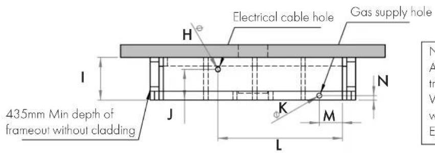 Electrical cable hole Gas supply hole 435mm Min depth of frameout without cladding H I J K M L N