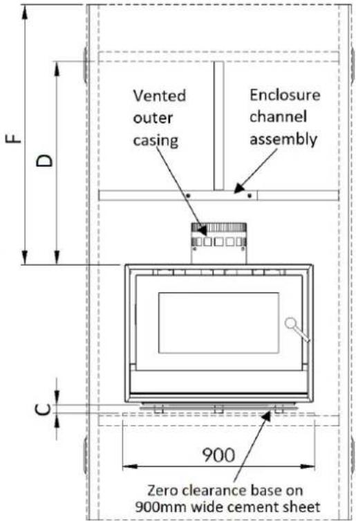 Vented outer casing Enclosure channel assembly 900 Zero clearance base on 900mm wide cement sheet F D C